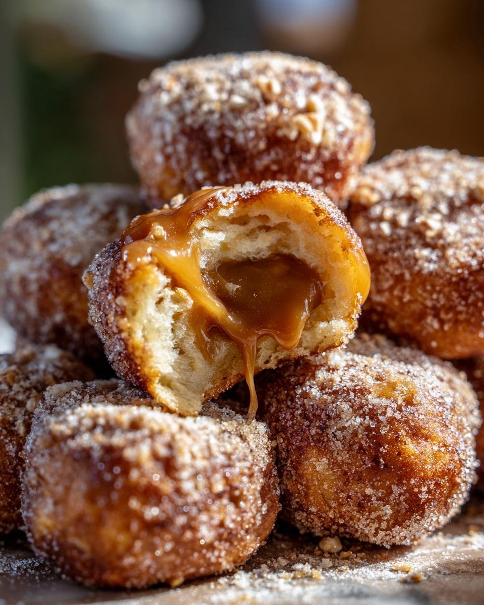 Nahaufnahme von Sweet Salty Caramel Apple Pretzel Bites, eines ist aufgeschnitten und zeigt die fl&uuml;ssige Karamellf&uuml;llung.