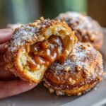 Aufgeschnittene Sweet Salty Caramel Apple Pretzel Bites mit fl&uuml;ssiger Karamellf&uuml;llung und Zucker-Nuss-Bestreuung.