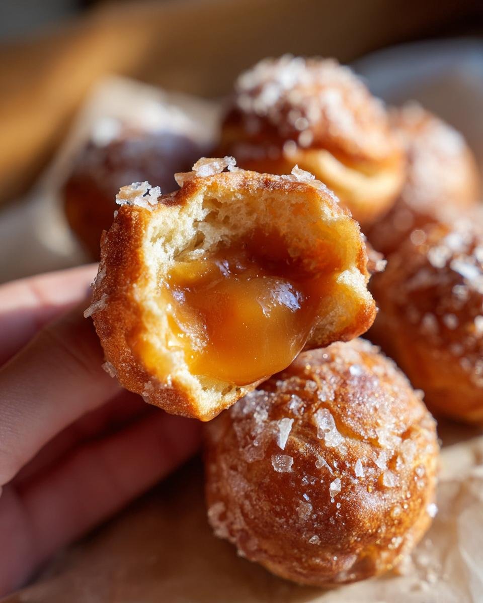 Aufgeschnittene der Sweet Salty Caramel Apple Pretzel Bites mit fl&uuml;ssiger Karamellf&uuml;llung.