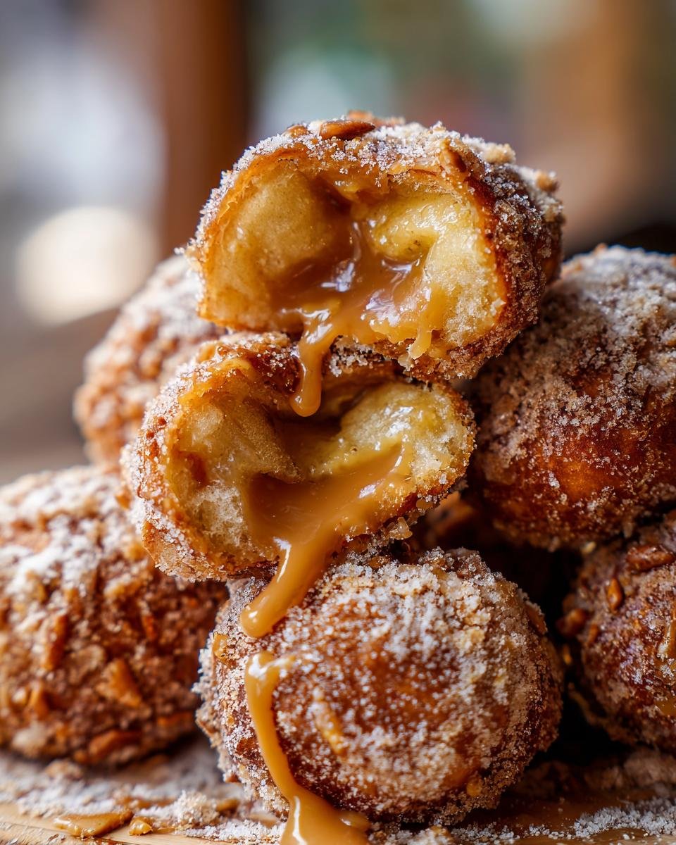 Nahaufnahme von Sweet Salty Caramel Apple Pretzel Bites, einer aufgeschnittenen Kugel mit tropfender Karamellf&uuml;llung und Zucker-Streusel-Mantel.