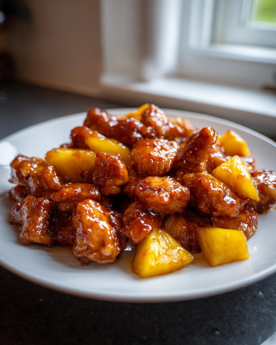 Glasiertes H&auml;hnchen mit Ananasst&uuml;cken auf einem wei&szlig;en Teller &ndash; Sweet Savory Honey Pineapple Chicken Rezept.