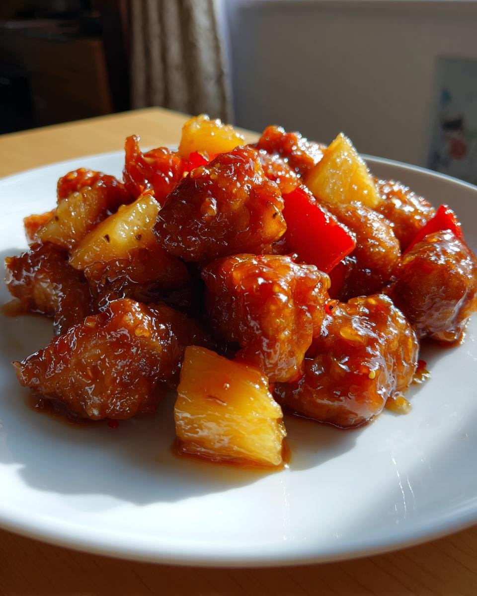Nahaufnahme von panierten H&auml;hnchenst&uuml;cken mit Ananas und Paprika in einer gl&auml;nzenden Honig-Glasur: Sweet Savory Honey Pineapple Chicken Recipe.