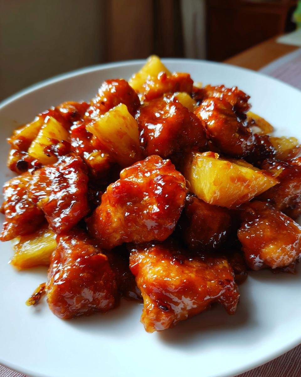 Glasiertes H&auml;hnchen mit Ananasst&uuml;cken auf einem wei&szlig;en Teller &ndash; Sweet Savory Honey Pineapple Chicken Recipe.