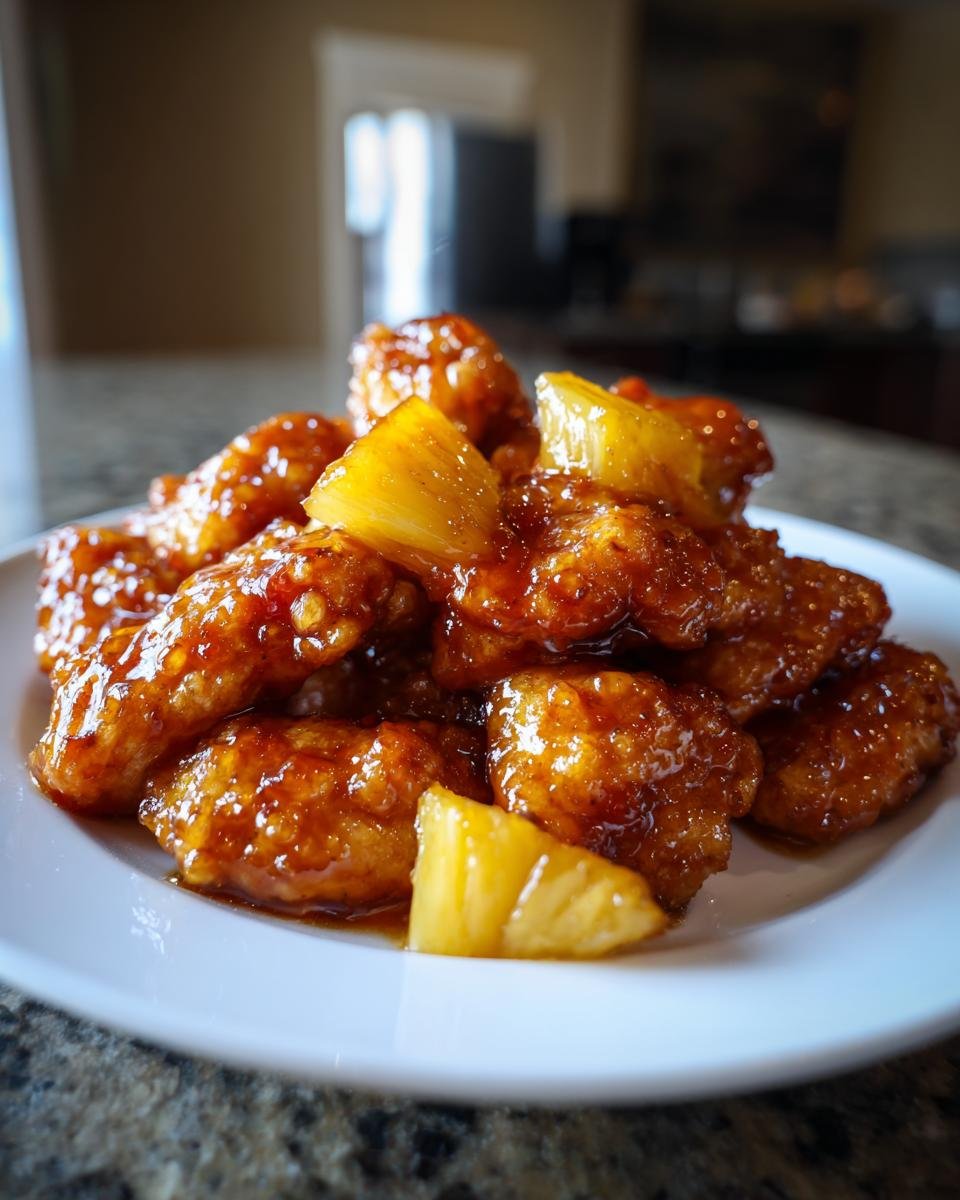 Ein Teller mit panierten H&auml;hnchenst&uuml;cken, glasiert mit einer s&uuml;&szlig;en So&szlig;e und garniert mit Ananasst&uuml;cken vom Sweet Savory Honey Pineapple Chicken Rezept.