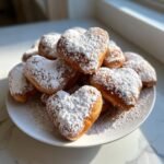 Ein Teller voller fluffiger Sweetheart Homemade Valentine Doughnuts, dick mit Puderzucker best&auml;ubt.