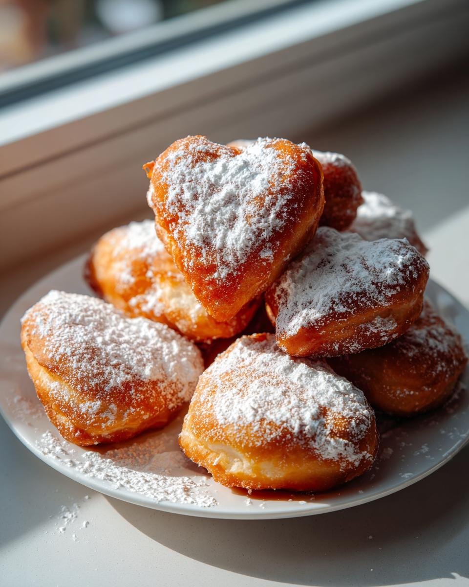 Ein Stapel luftiger Sweetheart Homemade Valentine Doughnuts, best&auml;ubt mit Puderzucker, auf einem wei&szlig;en Teller.