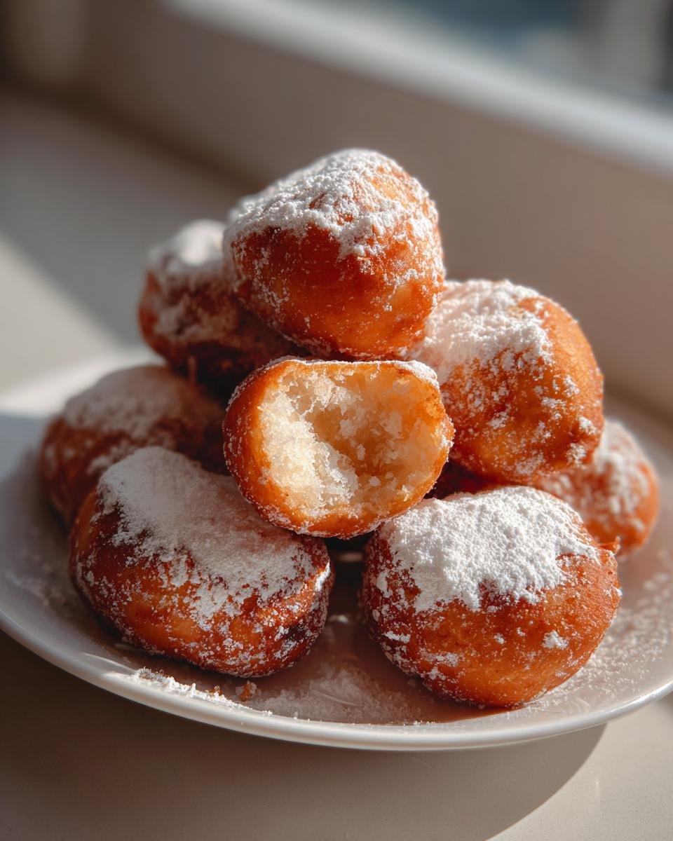 Ein Haufen fluffiger Sweetheart Homemade Valentine Doughnuts, best&auml;ubt mit Puderzucker, auf einem wei&szlig;en Teller.