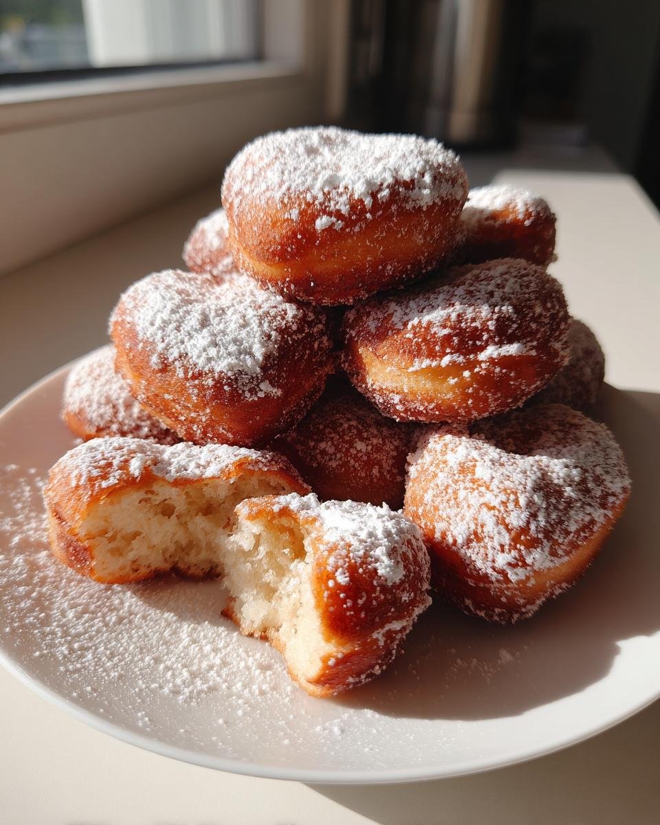 Stapel von fluffigen Sweetheart Homemade Valentine Doughnuts, best&auml;ubt mit Puderzucker, eines ist aufgebissen.