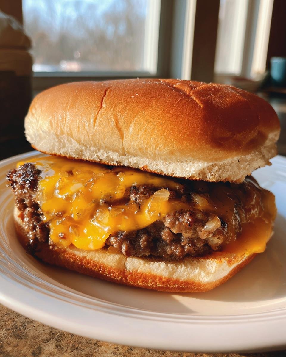 Nahaufnahme eines saftigen, unwiderstehlichen Chopped Cheeseburgers mit geschmolzenem K&auml;se und Zwiebeln auf einem Br&ouml;tchen.