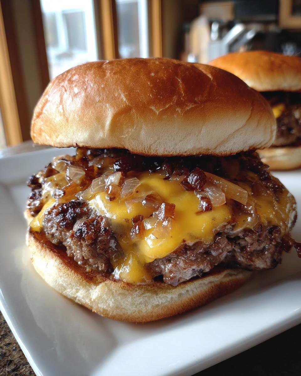 Nahaufnahme eines saftigen Chopped Cheeseburgers mit geschmolzenem K&auml;se und karamellisierten Zwiebeln auf einem Br&ouml;tchen.