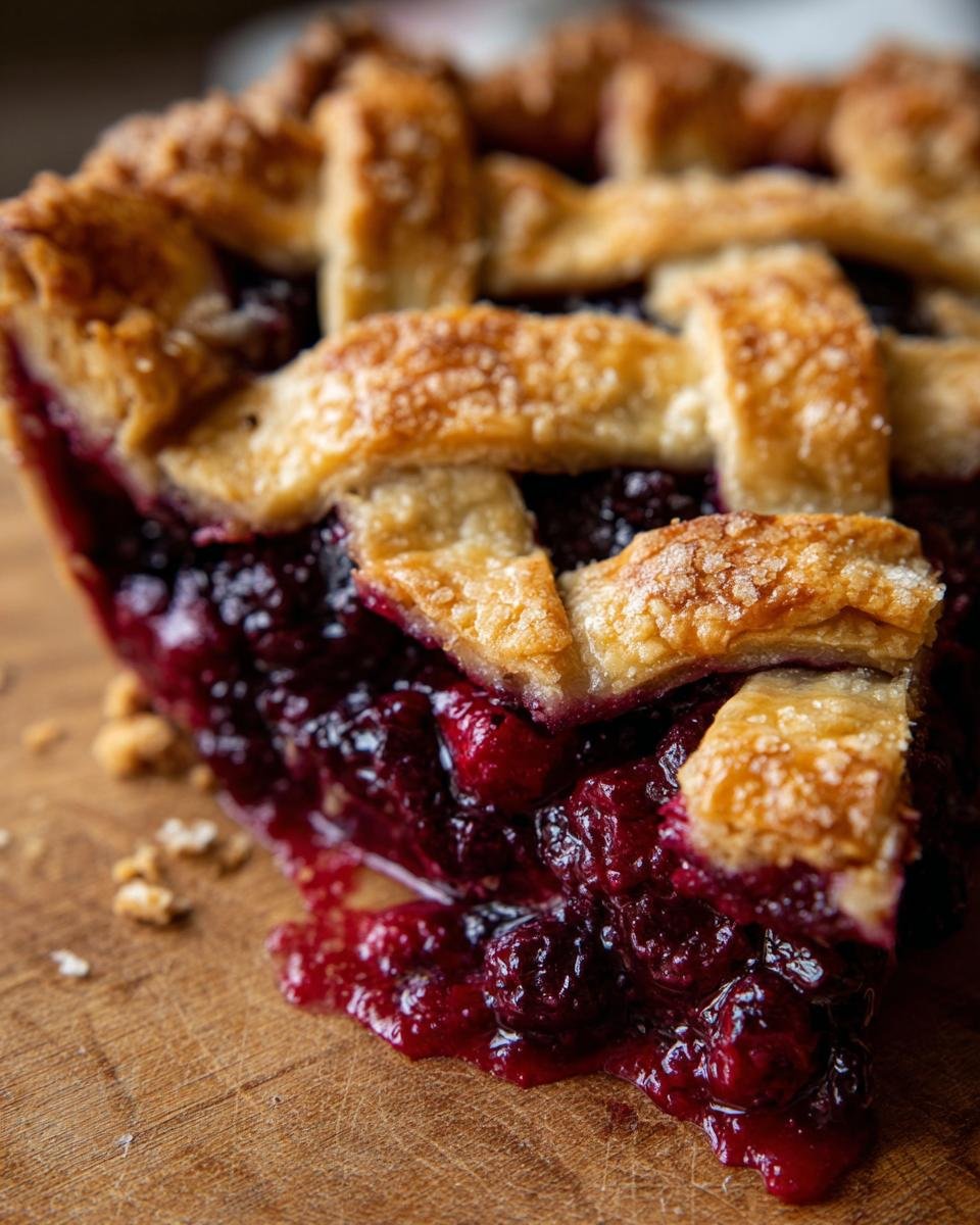 Nahaufnahme eines St&uuml;cks unwiderstehlicher Heidelbeerkuchen mit saftiger, dunkelroter F&uuml;llung und goldbrauner Gitterkruste.