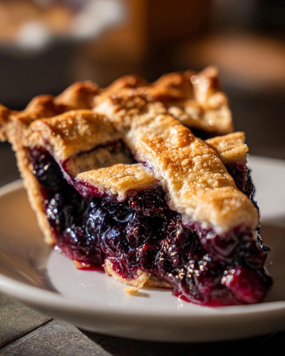Nahaufnahme eines saftigen St&uuml;cks unwiderstehlichen selbstgemachten Heidelbeerkuchen mit Gitterkruste auf einem wei&szlig;en Teller.