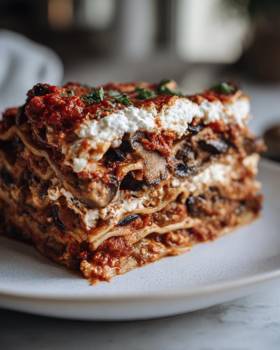 Nahaufnahme eines perfekt geschichteten St&uuml;cks Delicious Vegetarian Eggplant Lasagna With Mushrooms auf einem Teller.