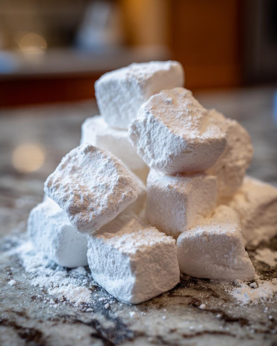 Stapel von weichen, wei&szlig;en W&uuml;rfeln, best&auml;ubt mit Puderzucker, die an Melt In Your Mouth Soft Christmas Peppermints erinnern.