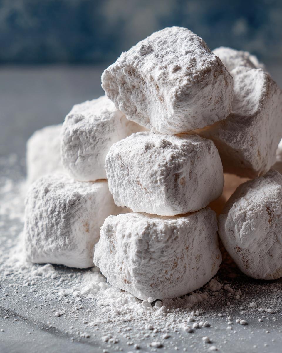 Nahaufnahme von gestapelten, weichen Weihnachtspastillen, dick mit Puderzucker bedeckt.