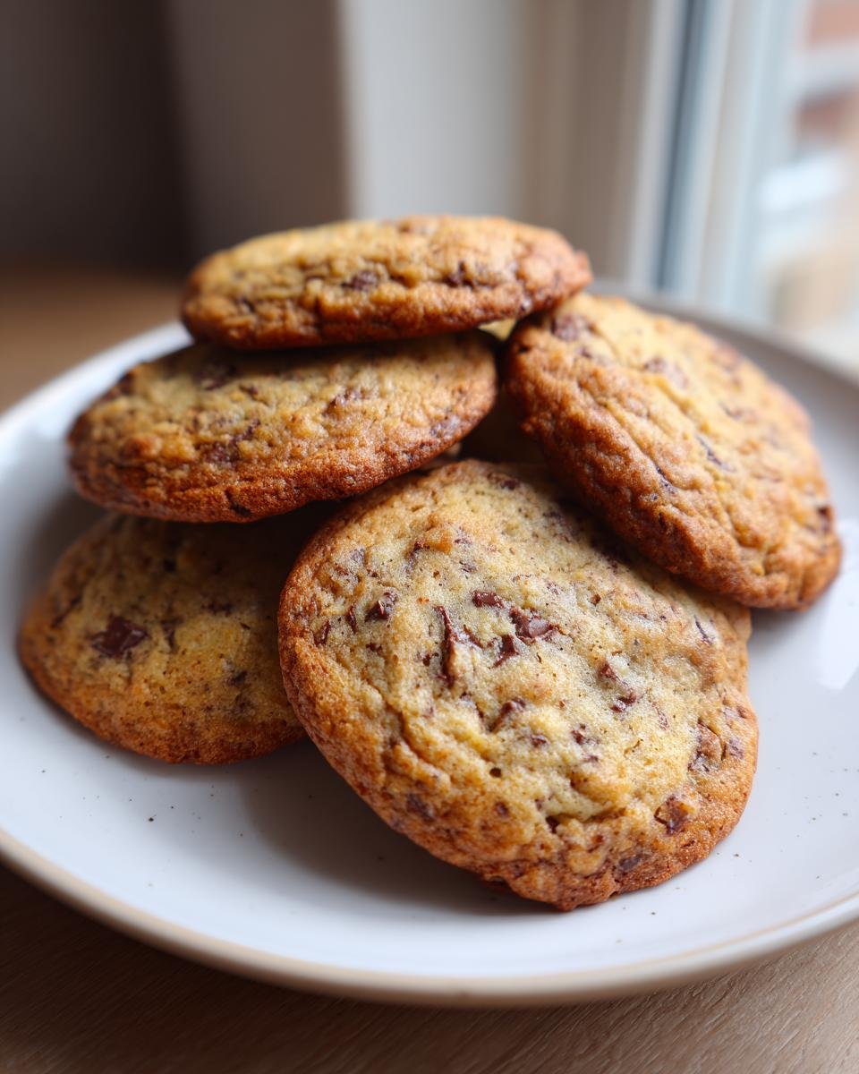 Stapel von weichen z&auml;hen Bananenbrot Cookies mit Schokoladenst&uuml;ckchen auf einem hellen Teller.