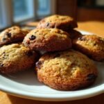 Stapel von weichen, z&auml;hen Banana Bread Cookies mit Schokoladenst&uuml;ckchen auf einem wei&szlig;en Teller.