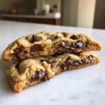 Zwei H&auml;lften von Winter Wonderland Chocolate Chip Cookies mit geschmolzener Schokolade.