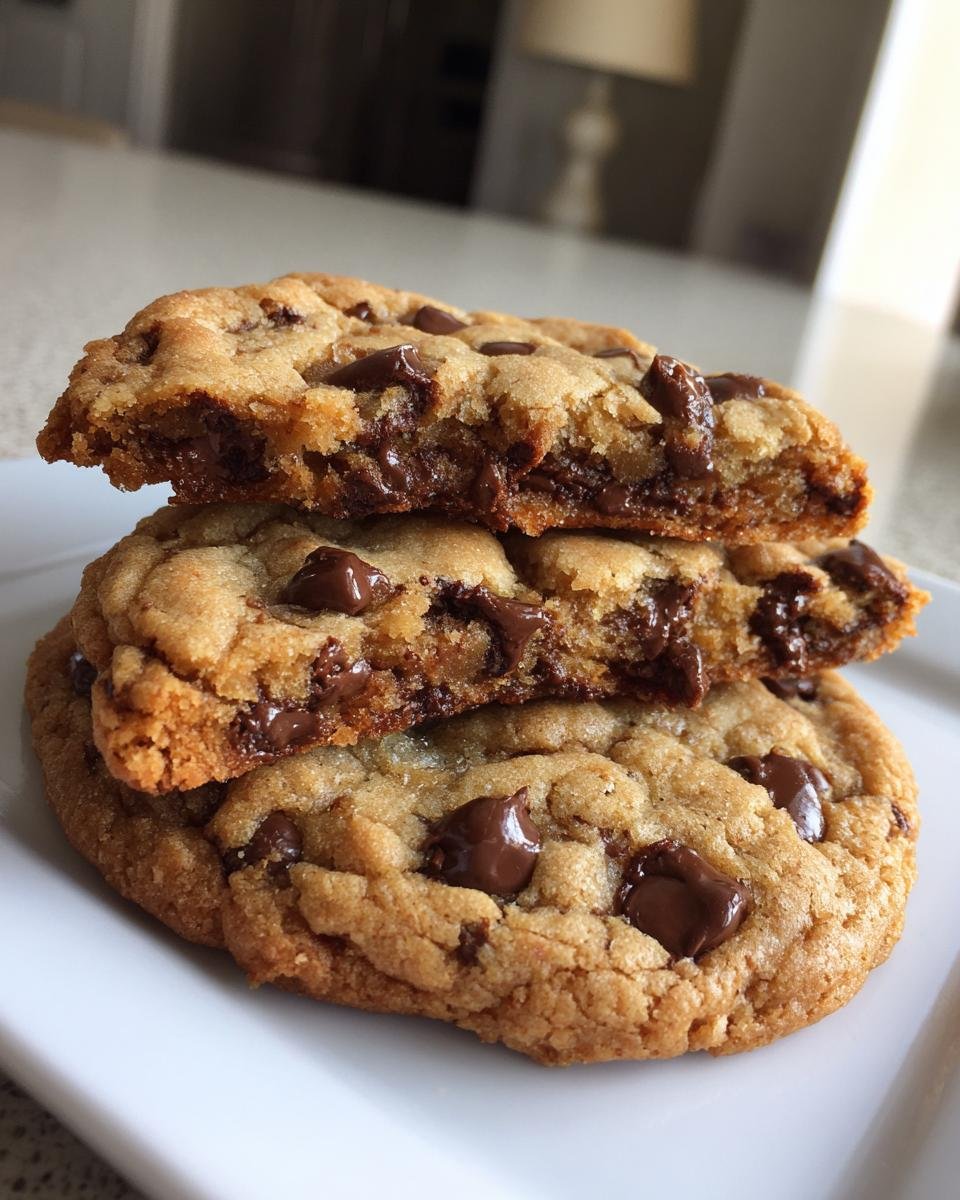 Drei gestapelte Winter Wonderland Chocolate Chip Cookies, wobei der obere zerbrochen ist, um den weichen Kern zu zeigen.
