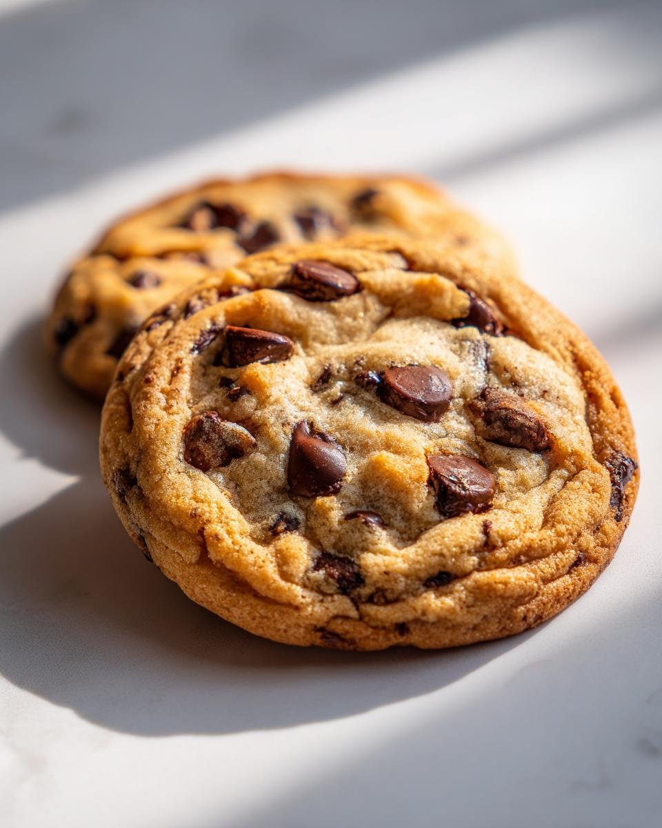 Zwei frisch gebackene Winter Wonderland Chocolate Chip Cookies mit geschmolzenen Schokoladenst&uuml;ckchen auf heller Oberfl&auml;che.