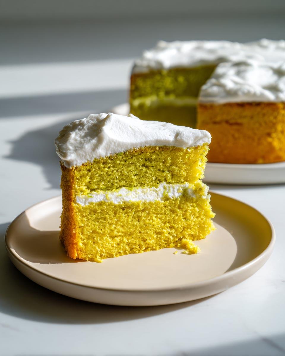 Ein saftiges St&uuml;ck Zesty Key Lime Cake mit gelbem Biskuit und wei&szlig;er Creme auf einem Teller.