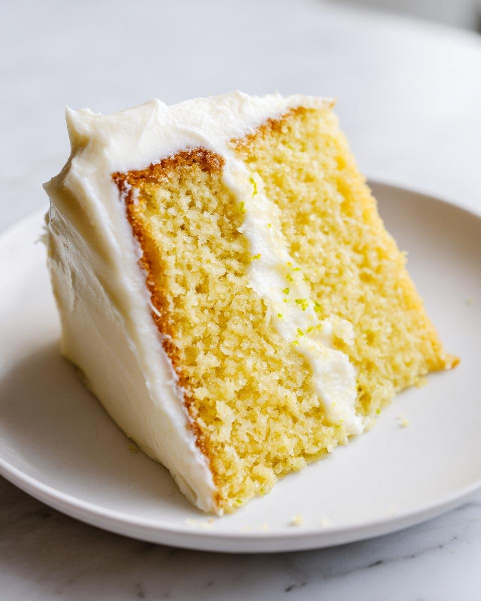 Nahaufnahme eines Kuchenschnitts vom Zesty Key Lime Cake mit saftigem gelbem Teig und wei&szlig;em Frischk&auml;se-Frosting.