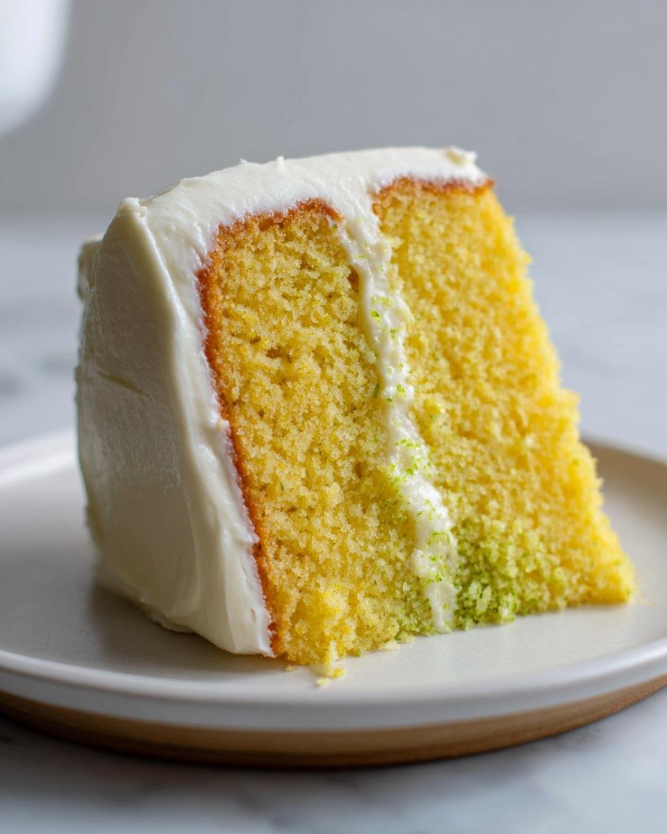 Nahaufnahme eines Kuchenschnitts vom Zesty Key Lime Cake mit cremiger wei&szlig;er Glasur und gr&uuml;nem Limettenabrieb.