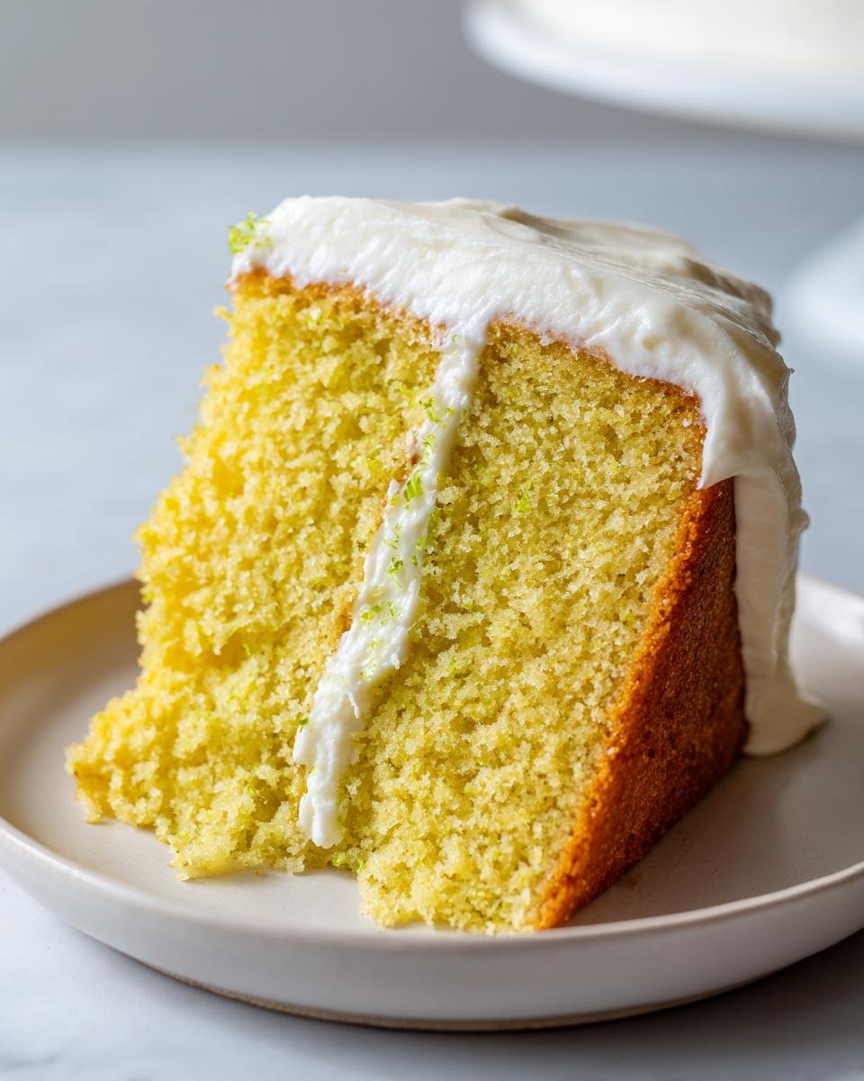Ein saftiges St&uuml;ck Zesty Key Lime Cake mit cremiger Frischk&auml;se-Glasur und Limettenzesten.