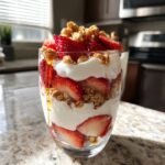 Nahaufnahme eines 5 Minute Strawberry Yogurt Parfait mit Schichten aus Joghurt, Erdbeeren, M&uuml;sli und Honig.