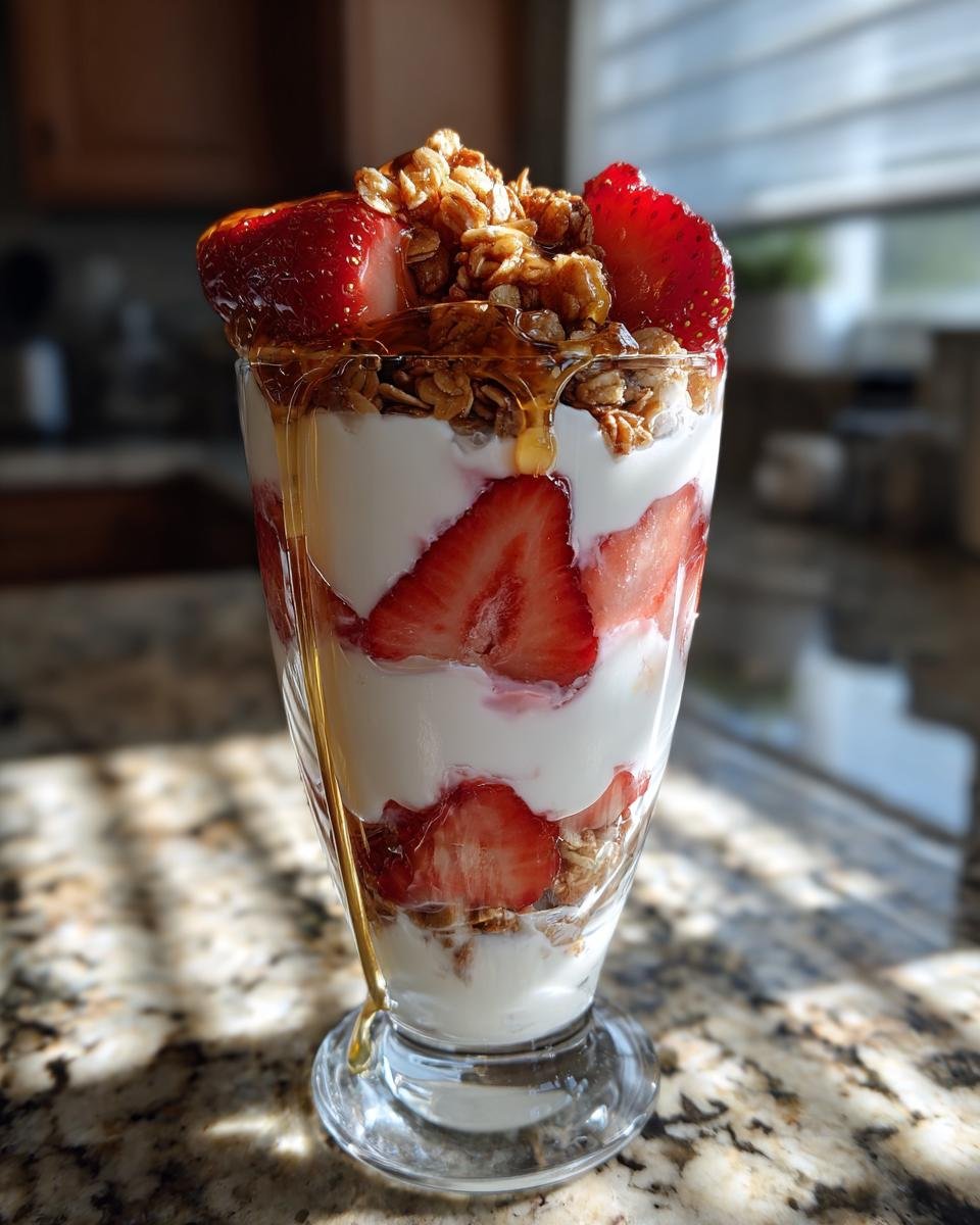Ein geschichtetes 5 Minute Strawberry Yogurt Parfait mit Joghurt, frischen Erdbeeren, Granola und Honig.