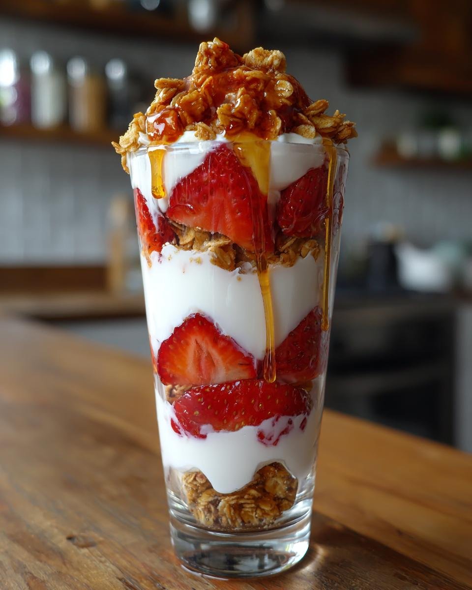Nahaufnahme eines hohen Glases mit geschichtetem 5 Minute Strawberry Yogurt Parfait, gef&uuml;llt mit Joghurt, Erdbeerscheiben und Granola.