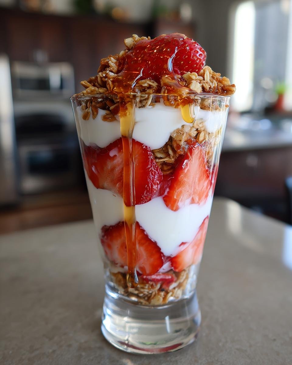 Nahaufnahme eines 5 Minute Strawberry Yogurt Parfait mit Schichten aus Joghurt, Erdbeeren, Granola und Honig.