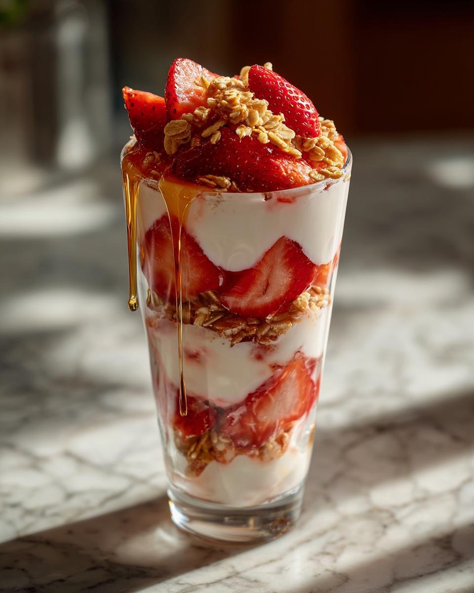 Nahaufnahme eines geschichteten 5 Minute Strawberry Yogurt Parfait mit Joghurt, Erdbeeren, M&uuml;sli und Honig.
