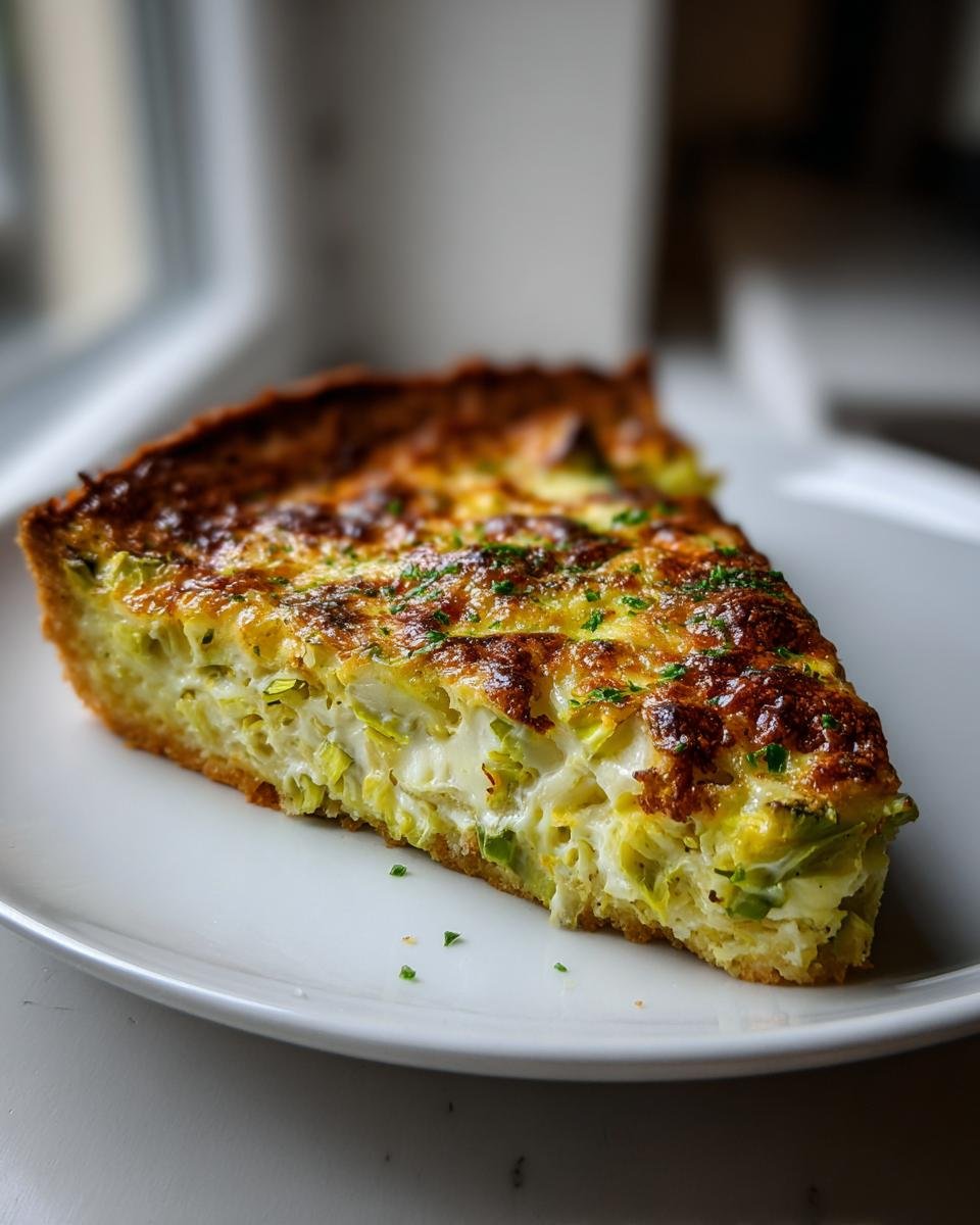 Ein gro&szlig;es St&uuml;ck einer herzhaften Artischocken-Ackerbohnen-Tarte mit goldbrauner Kruste auf einem wei&szlig;en Teller.