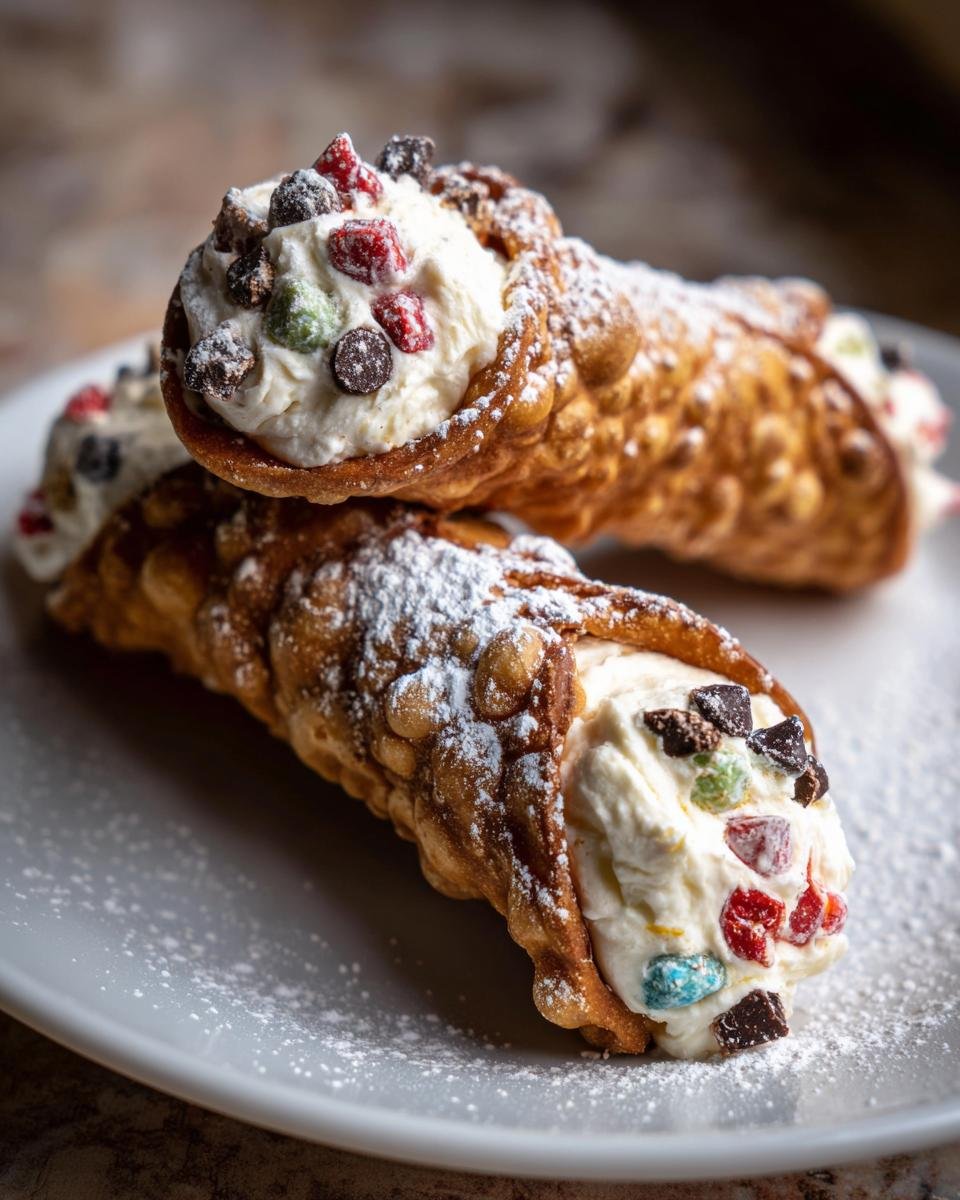 Nahaufnahme von zwei authentischen italienischen Cannoli, gef&uuml;llt mit Ricotta-Creme und bunten Schokost&uuml;ckchen, best&auml;ubt mit Puderzucker.