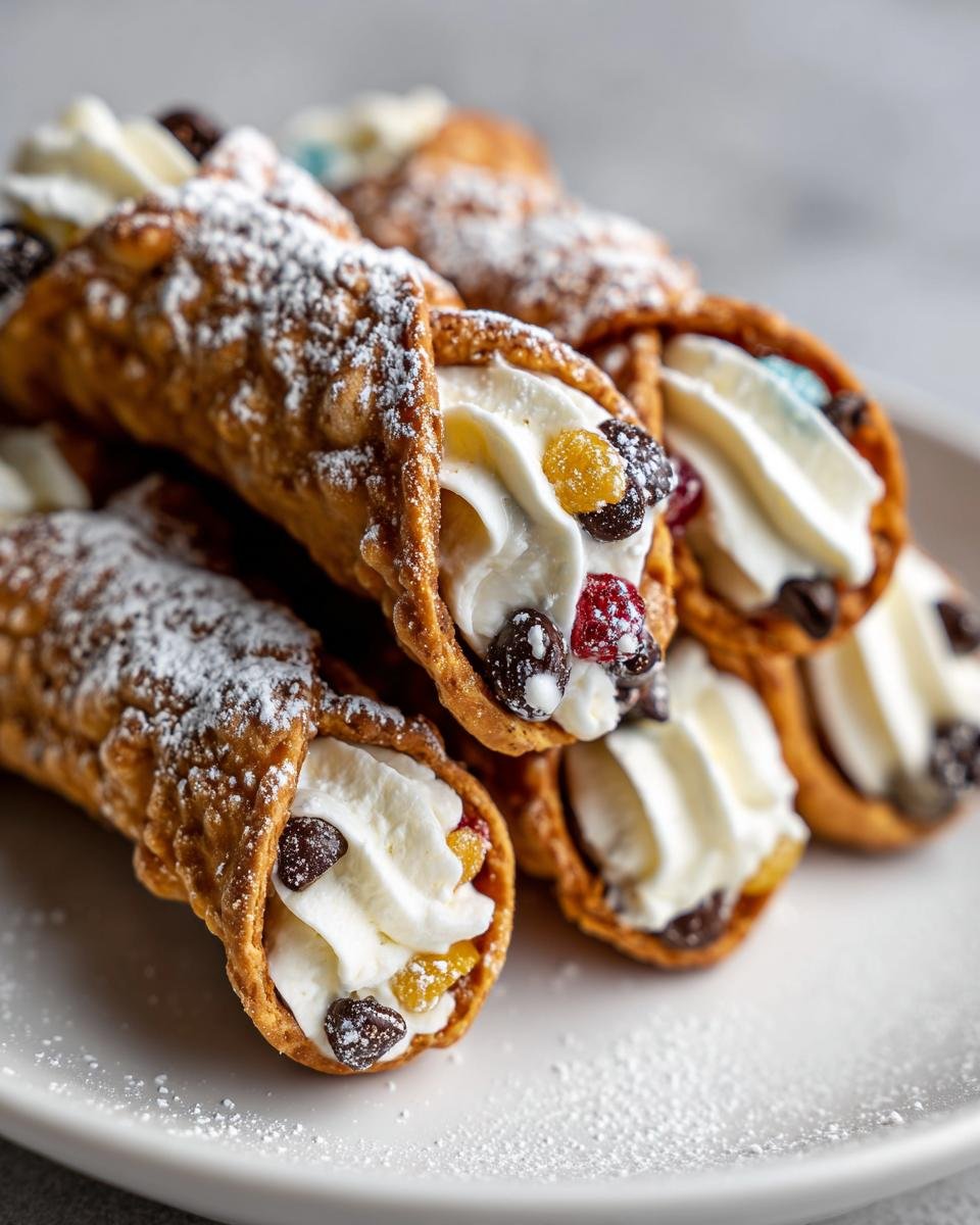 Nahaufnahme von mehreren authentischen italienischen Cannoli, gef&uuml;llt mit Ricotta-Creme und verziert mit kandierten Fr&uuml;chten und Schokost&uuml;ckchen.