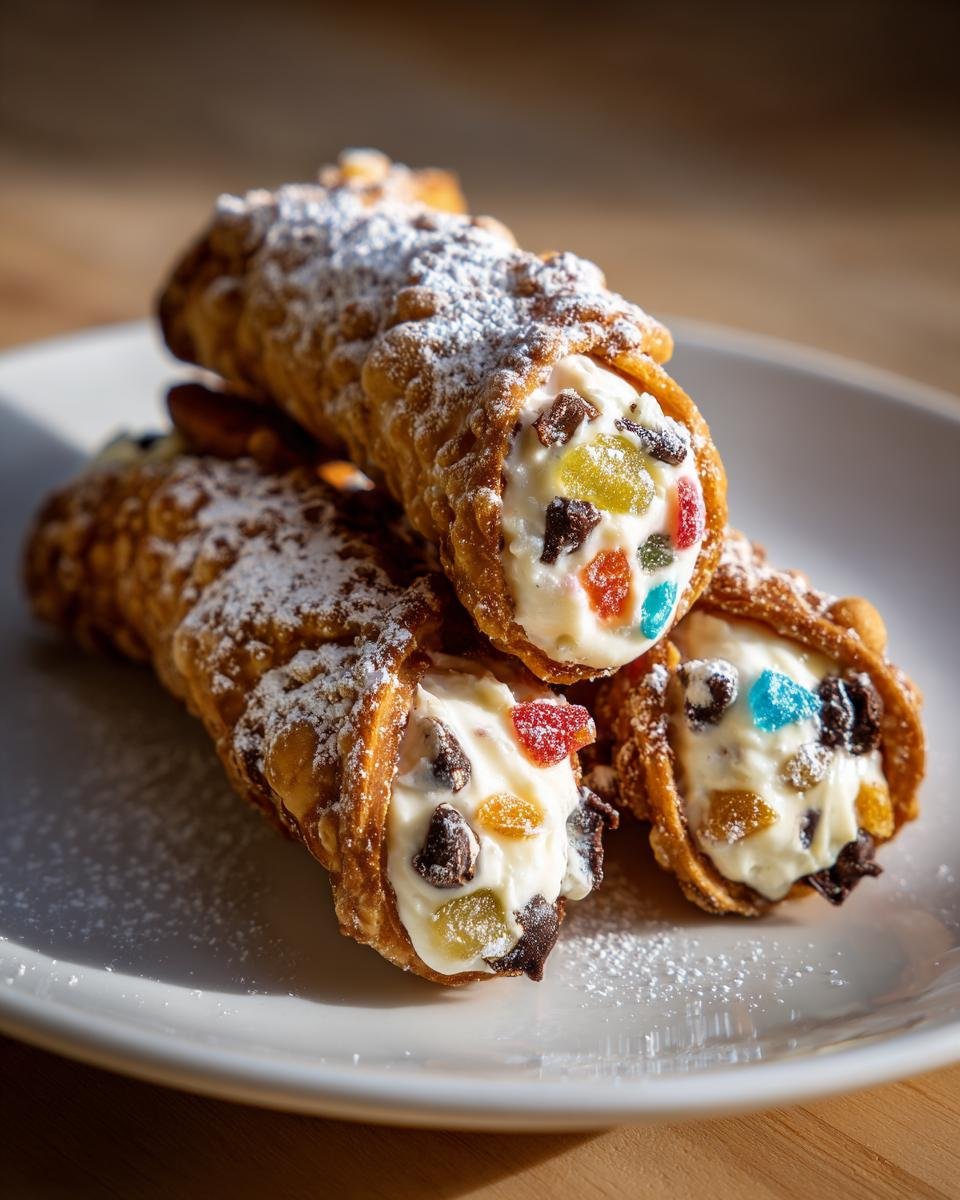 Nahaufnahme von drei gef&uuml;llten italienischen Cannoli, best&auml;ubt mit Puderzucker, gef&uuml;llt mit Ricotta und kandierten Fr&uuml;chten.