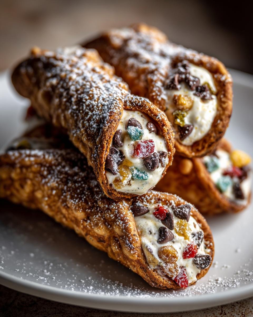 Nahaufnahme von gestapelten, authentischen italienischen Cannoli, gef&uuml;llt mit Ricotta und bestreut mit Puderzucker und Schokost&uuml;ckchen.
