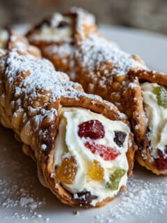 Nahaufnahme von zwei authentischen italienischen Cannoli, gefüllt mit Ricotta-Creme und kandierten Früchten, bestäubt mit Puderzucker.