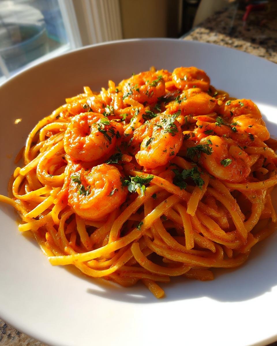 Teller mit leuchtend orangefarbener Bold Sriracha Lime Prawn Linguine, garniert mit Petersilie.