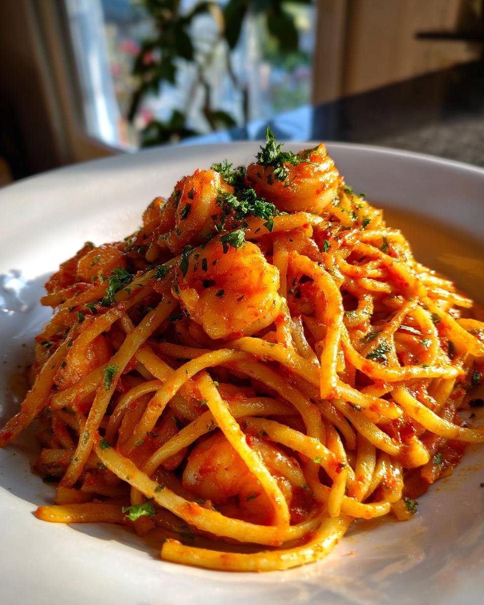 Nahaufnahme von Bold Sriracha Lime Prawn Linguine mit Garnelen, garniert mit Petersilie auf einem wei&szlig;en Teller.