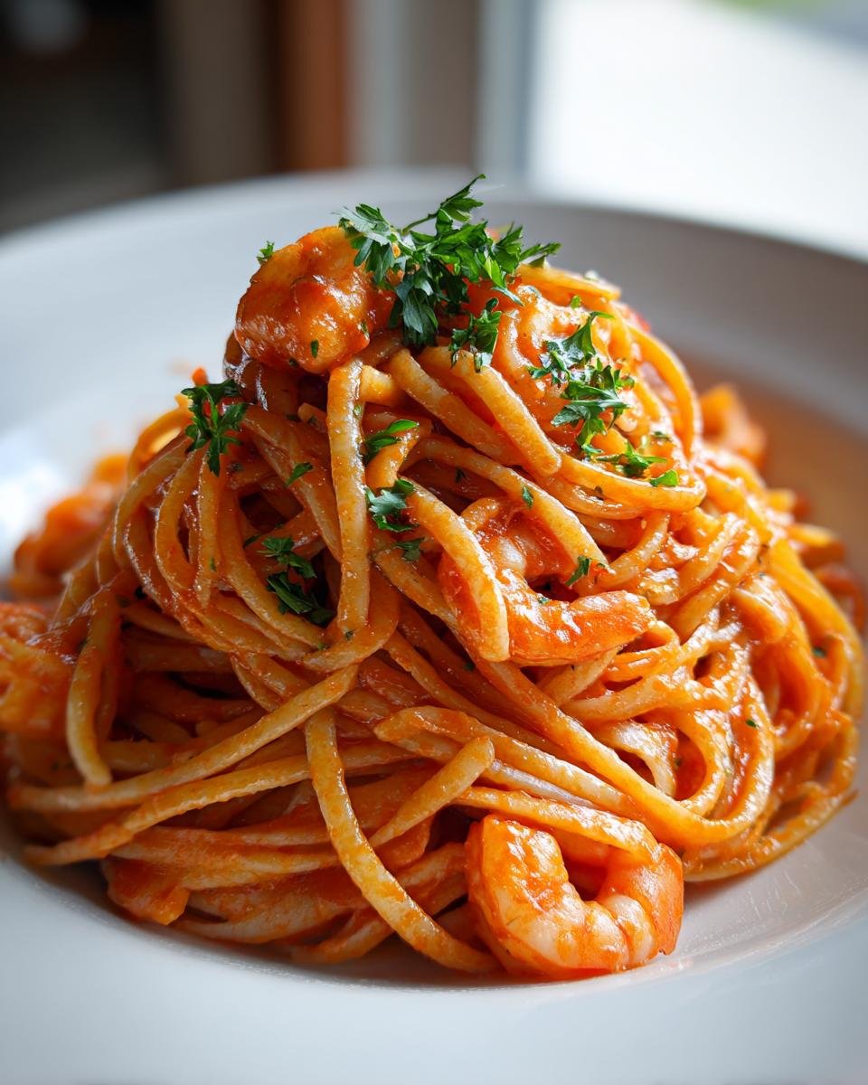 Nahaufnahme von Bold Sriracha Lime Prawn Linguine mit Garnelen in einer cremigen, roten Sauce, garniert mit Petersilie.