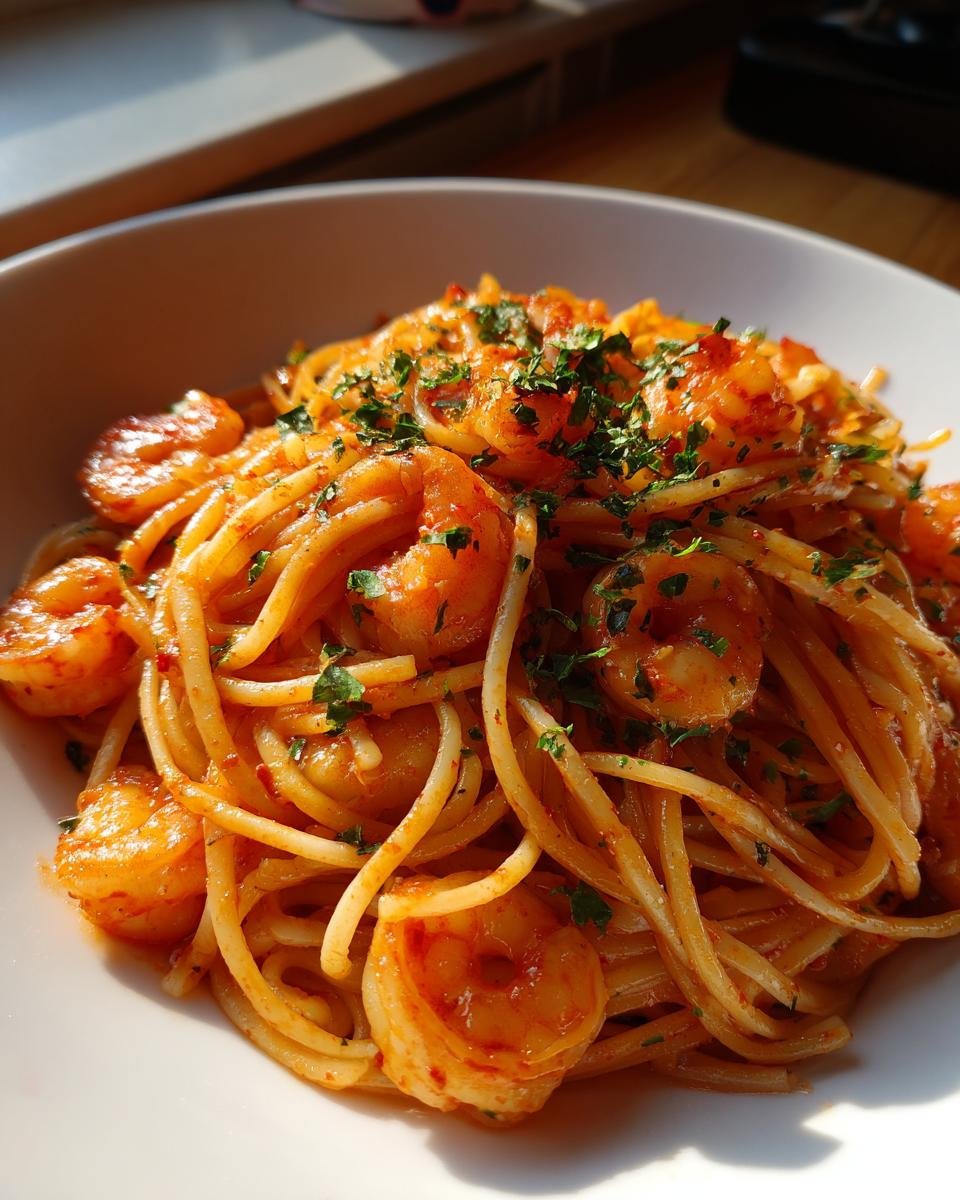 Nahaufnahme einer Sch&uuml;ssel mit Bold Sriracha Lime Prawn Linguine, garniert mit Petersilie.