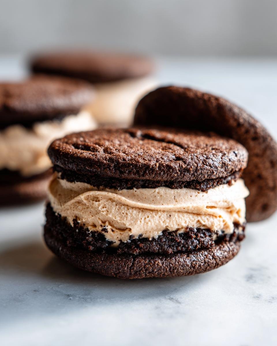 Nahaufnahme eines Brownie Cookie Dough Sandwich Cookies mit cremiger F&uuml;llung auf Marmor.