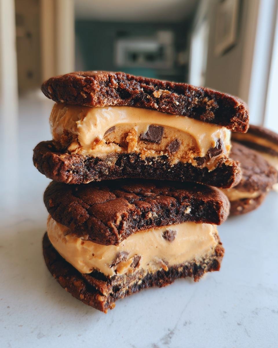 Zwei gestapelte Brownie Cookie Dough Sandwich Cookies, angeschnitten, mit cremiger Erdnussbutter-Cookie-Dough-F&uuml;llung.