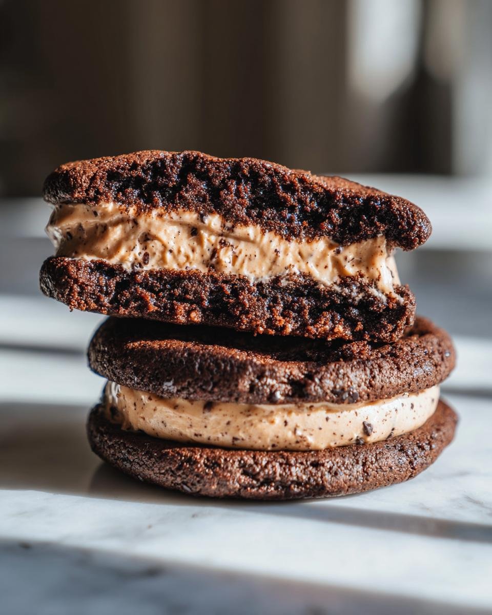 Zwei gestapelte Brownie Cookie Dough Sandwich Cookies mit cremiger F&uuml;llung auf Marmor.