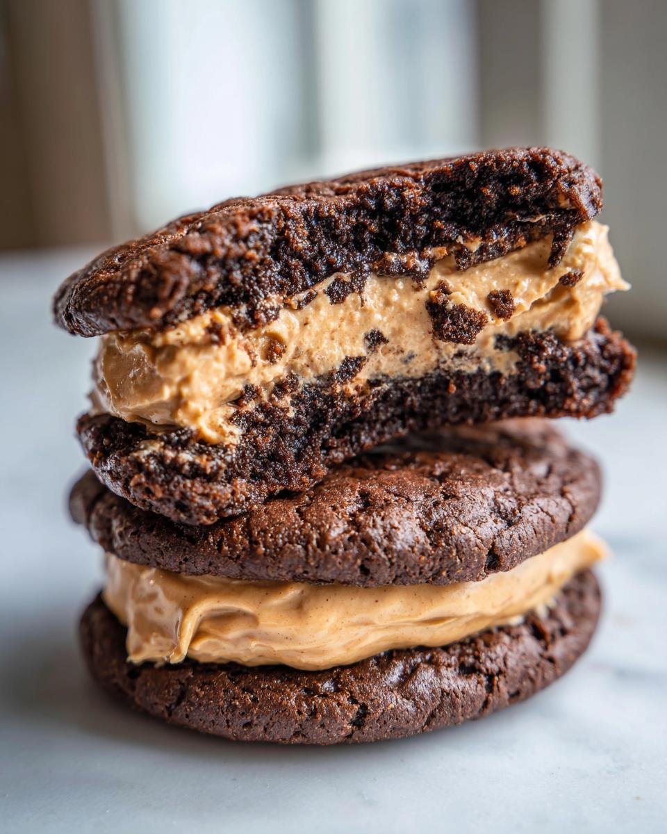 Nahaufnahme von gestapelten Brownie Cookie Dough Sandwich Cookies mit cremiger Erdnussbutterf&uuml;llung.