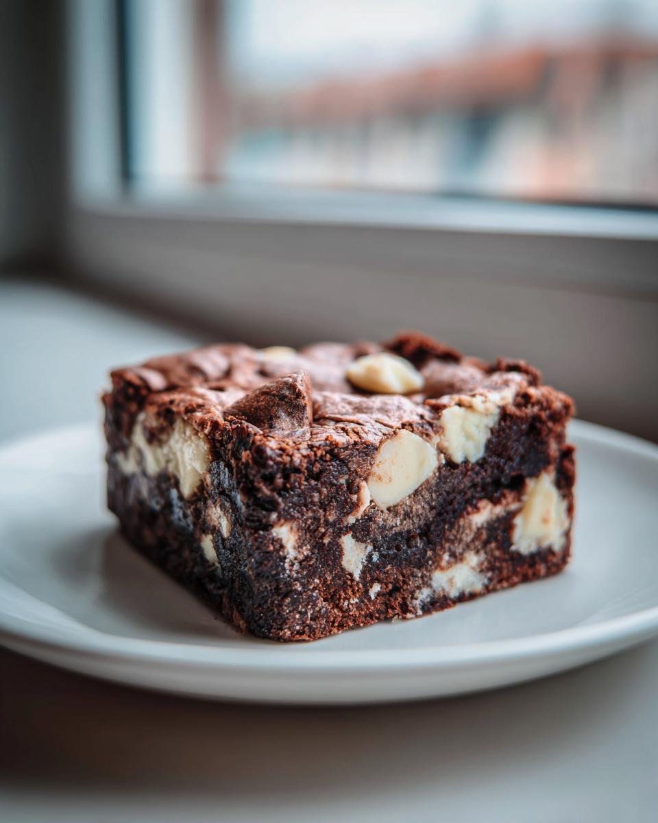 Ein saftiges St&uuml;ck Brownie mit wei&szlig;en Schokoladenst&uuml;cken auf einem wei&szlig;en Teller.