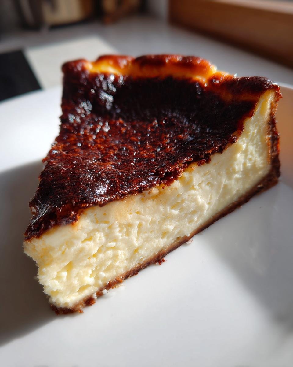Ein St&uuml;ck cremiger Burnt Basque Cheesecake mit dunkel karamellisierter Oberfl&auml;che auf einem wei&szlig;en Teller.