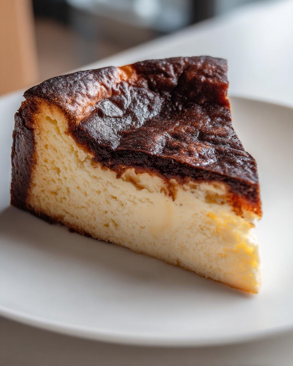 Nahaufnahme eines St&uuml;cks Burnt Basque Cheesecake mit dunkler, karamellisierter Kruste auf einem wei&szlig;en Teller.